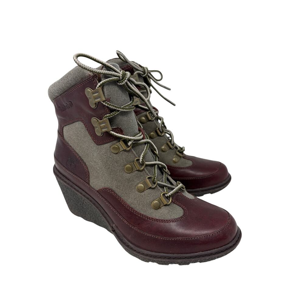 Timberland women's Amston Wedge Boots 6.5 red grey lace up booties cabincore
